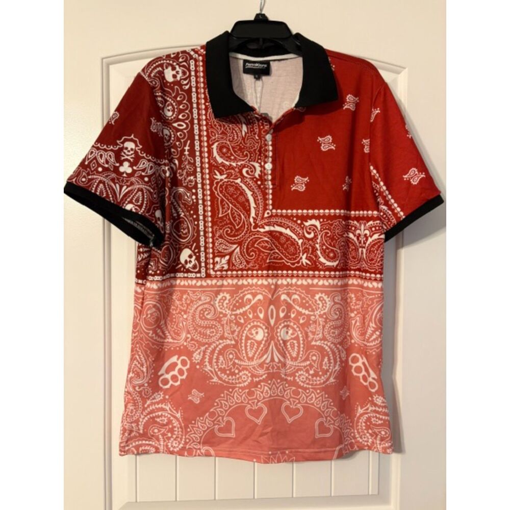 Fresh Hoods Red/Pink Multicolor Paisley Skull Polo Shirt Men's XL Short Sleeve